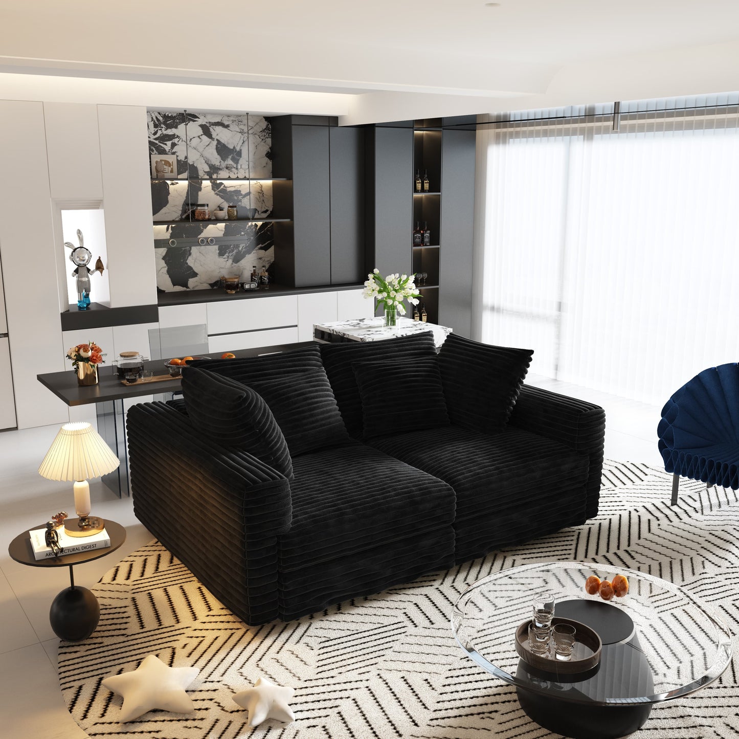 102.4 "Plush Corduroy 4-Seat Sofa,Modern Comfy Upholstered Sofa Cloud Couch,Deep Seat Couches with Soft Pillows and 2 Ottomans,Convertible Sofa Lounge Chair,Black(Old SKU:W1885S00282) image 5