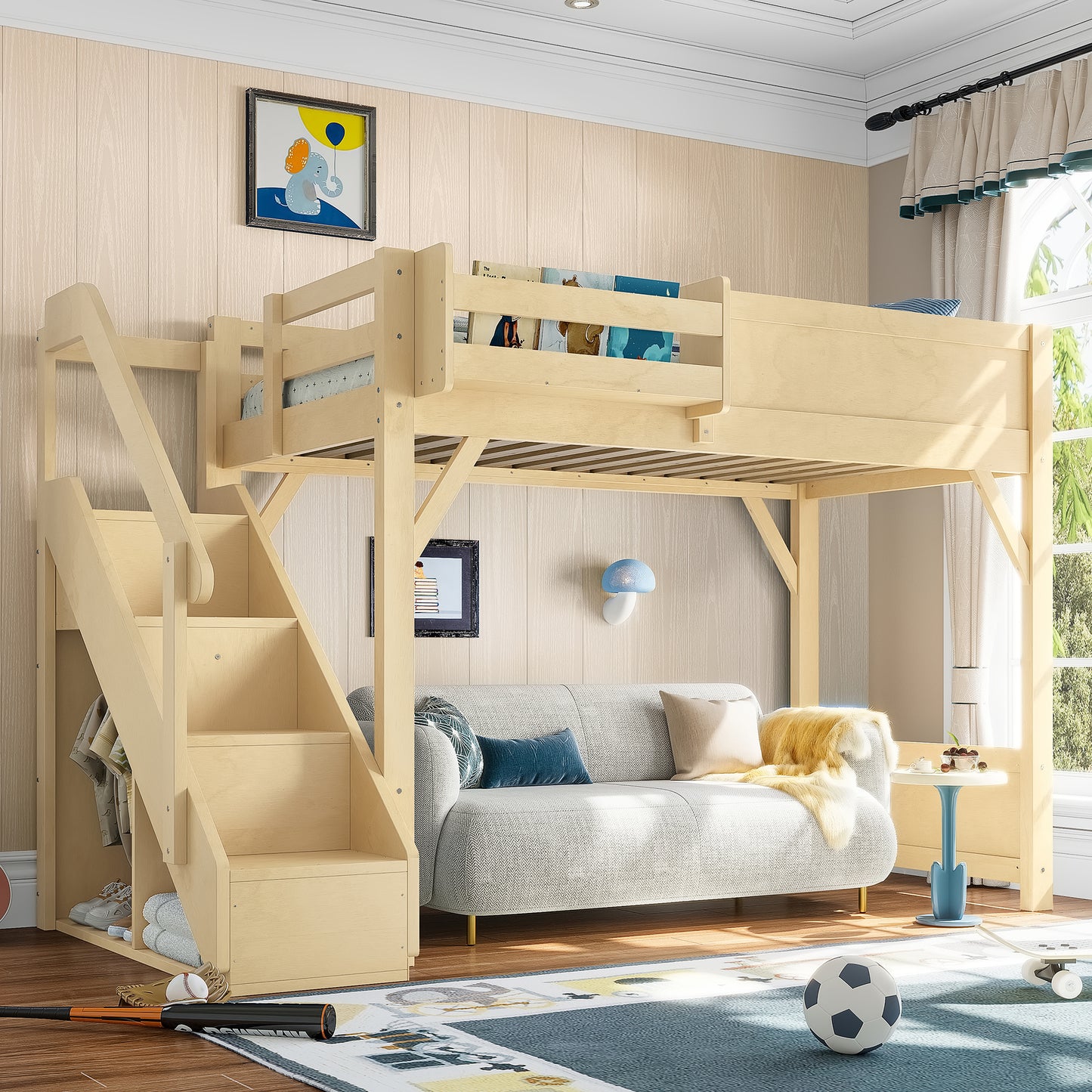 Twin Size Loft Bed with Built-in Wardrobe and Storage Space, Solid Wood Loft Bed with Beside Shelves, Full-length Guardrails and Stairs, No Box Spring Needed, Natural image 1
