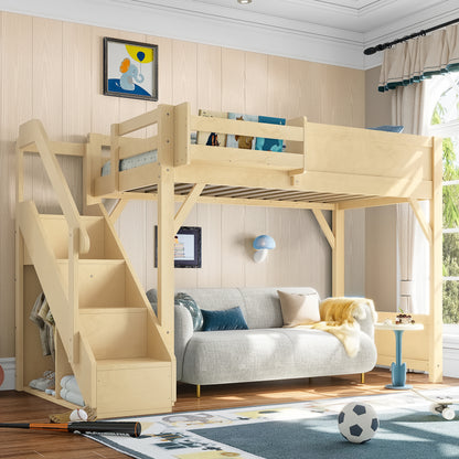 Twin Size Loft Bed with Built-in Wardrobe and Storage Space, Solid Wood Loft Bed with Beside Shelves, Full-length Guardrails and Stairs, No Box Spring Needed, Natural image 1