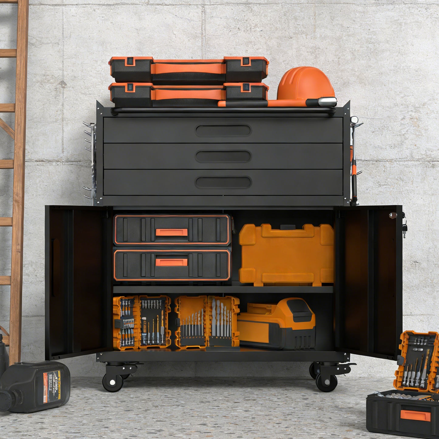34.3" Rolling Metal Tool Cabinet - Heavy Duty Garage Storage with Lockable Doors & 3 Drawers, Mobile Workbench Organizer for Garage, Workshop, Home image 7