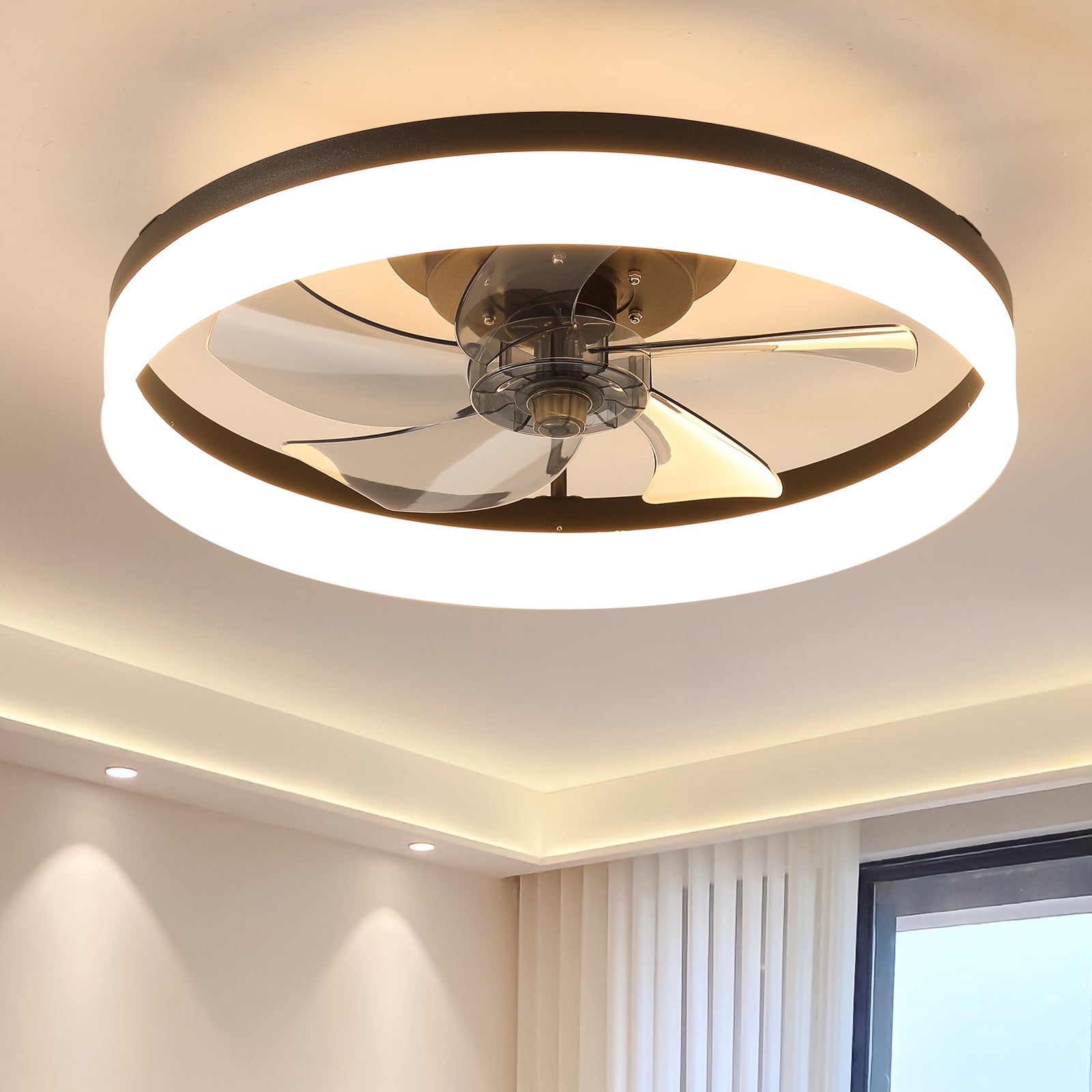 20'' Ceiling Fan with Light, Upgraded Low Profile Fan, Flush Mount Ceiling Fan, 6 Speeds, Dimmable LED, App & Remote Control, Quiet DC Motor, for Bedroom, Living Room,Black image 1