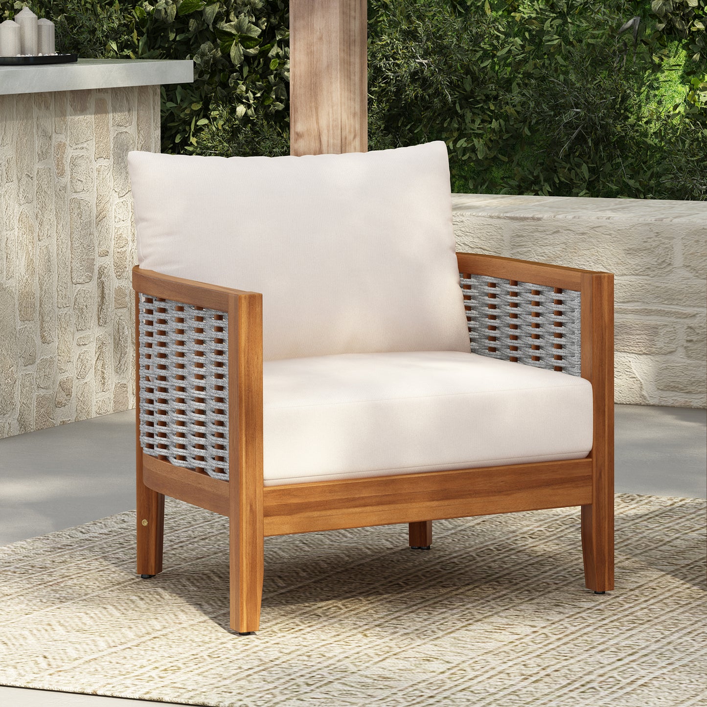 Outdoor Unique Tub Design Armchair with Woven Rope, Patio Furniture Acacia Wood Chair, Deep Seating with Soft Cushions for Porch, Garden, Backyard, Balcony, Teak Finish & Beige Cushion image 2