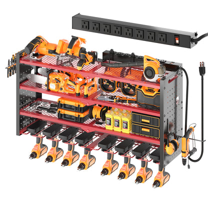 33 inches Modular Wall-Mounted Power Tool Organizer with Charging Station Heavy-Duty Drill Rack with Hooks and 8-Outlet Holder in Red image 2