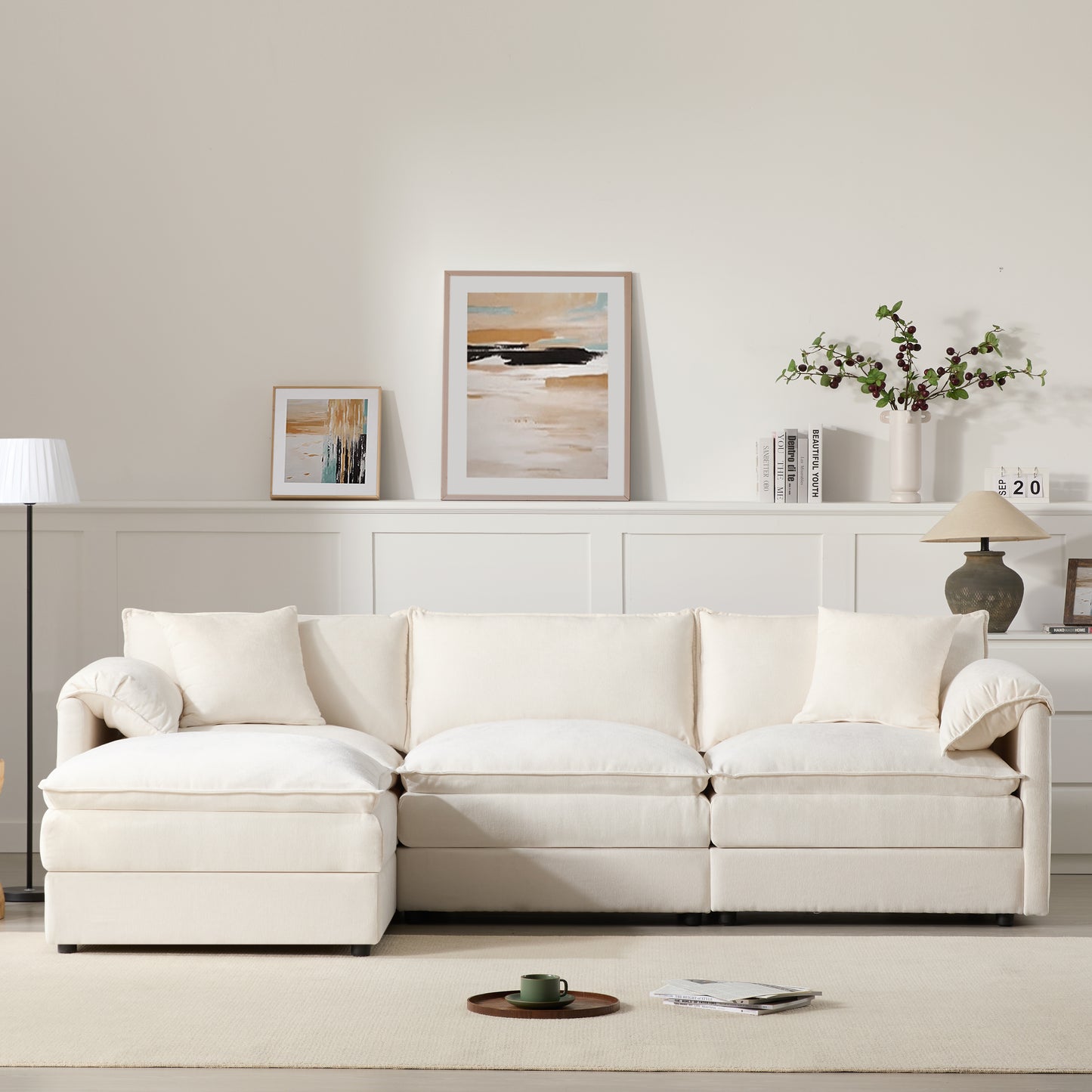[NEW SKU of N723S0687W]103" Chenille Modular Sectional Sofa with Deep and Wide Seat, L Shaped Cloud Couch Set with Double Cushions, 4 Seat Sofa with Movable Ottoman, Oversized Indoor Furniture image 3