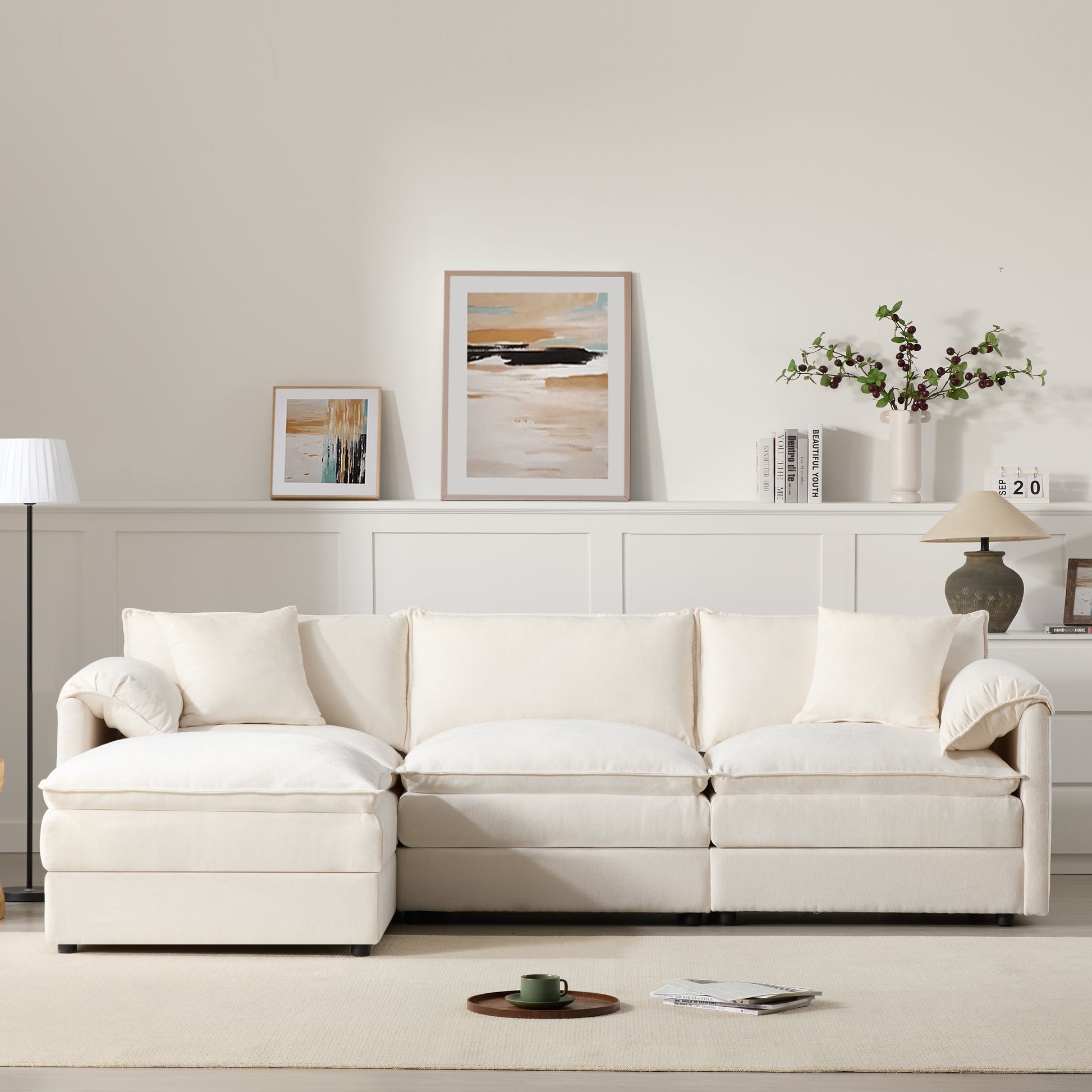 [NEW SKU of N723S0687W]103" Chenille Modular Sectional Sofa with Deep and Wide Seat, L Shaped Cloud Couch Set with Double Cushions, 4 Seat Sofa with Movable Ottoman, Oversized Indoor Furniture image 3