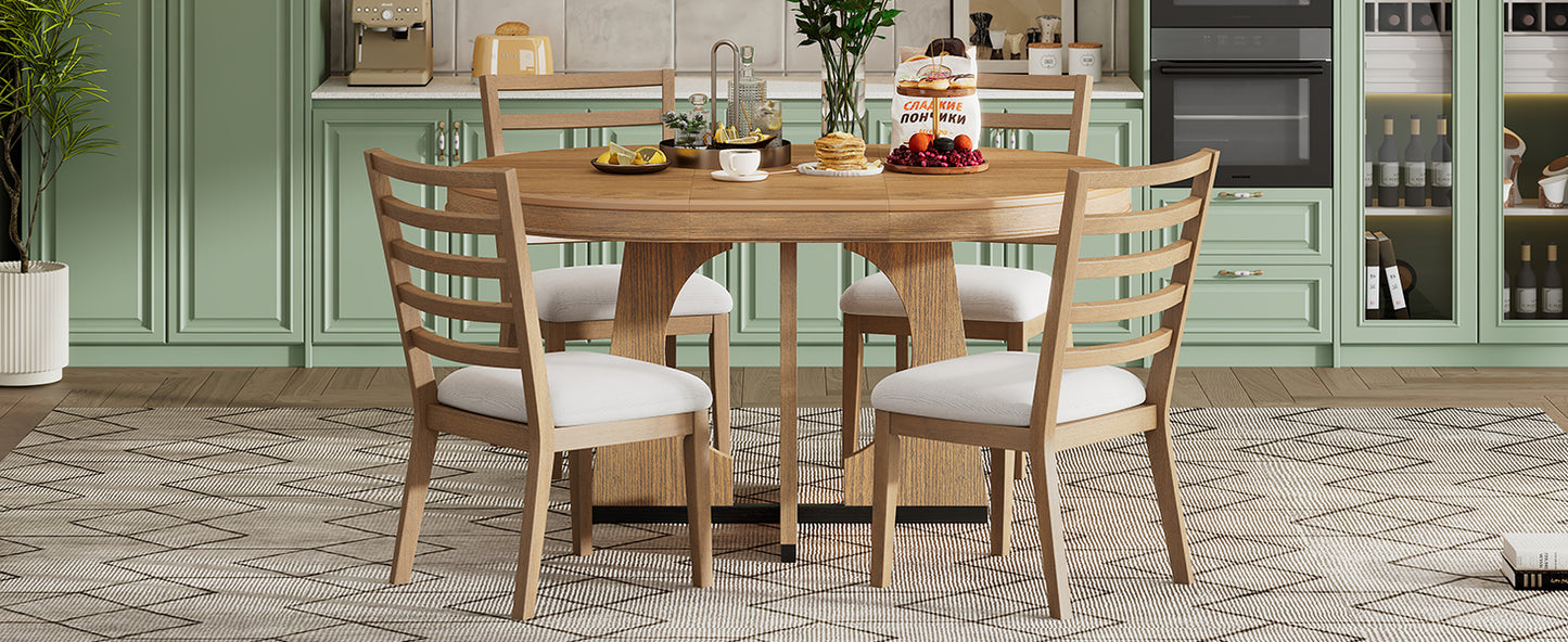 TREXM Round Dining Table for 4 with Chairs Set, Extendable Dining Table Set with 16" Removable Middle Leaf, 5 Piece Retro Dining Table Set Unique Geometric Design for Kitchen, Dining Room (Natural) image 7