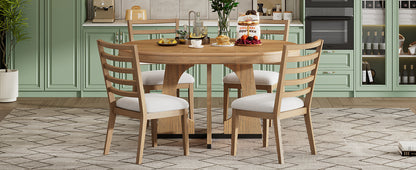 TREXM Round Dining Table for 4 with Chairs Set, Extendable Dining Table Set with 16" Removable Middle Leaf, 5 Piece Retro Dining Table Set Unique Geometric Design for Kitchen, Dining Room (Natural) image 7