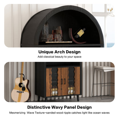 71"Farmhouse Arched Wine Bar Cabinet: tall arched display cabinet, arch black cabinets &coffee bar, whiskey station with wine rack and Wine Glass Holder - Liquor Bars Cabinet for Living Dining Room image 8