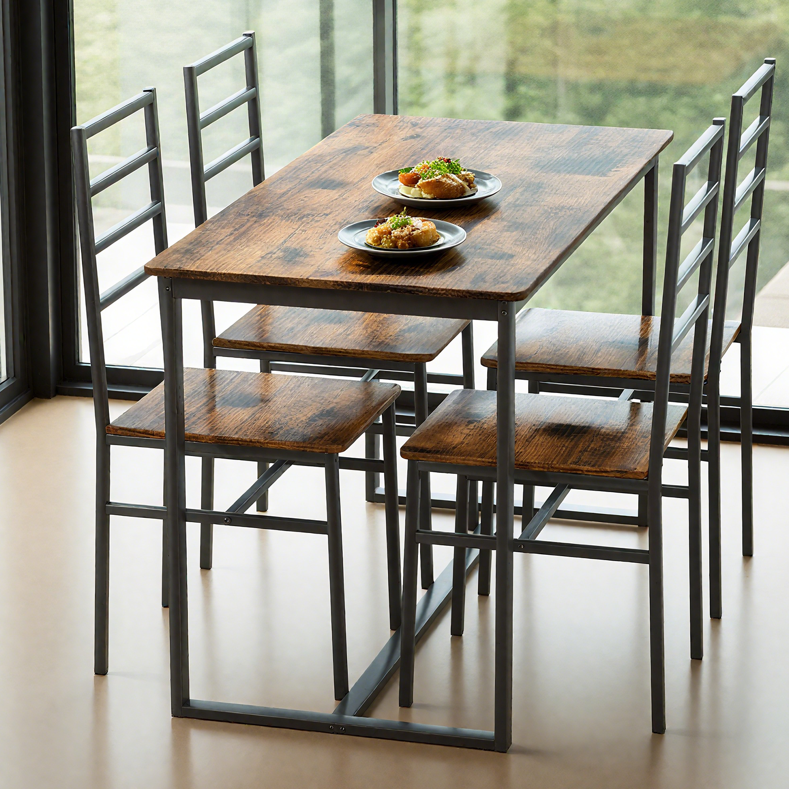 5 Piece Metal and Wood Indoor Modern Dinning Table Furniture Set for 4, Dining Table Chairs image 1