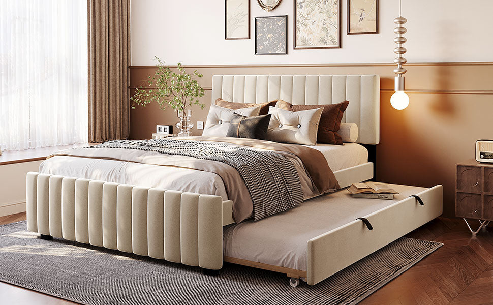 Queen Size Velvet Upholstered Platform Bed with Twin XL Size Trundle, Beige image 11