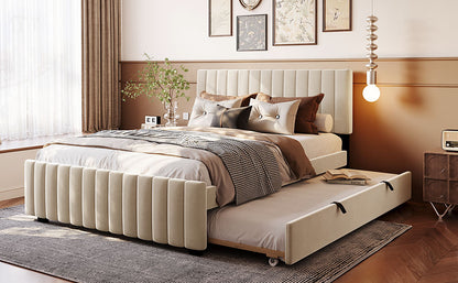 Queen Size Velvet Upholstered Platform Bed with Twin XL Size Trundle, Beige image 11