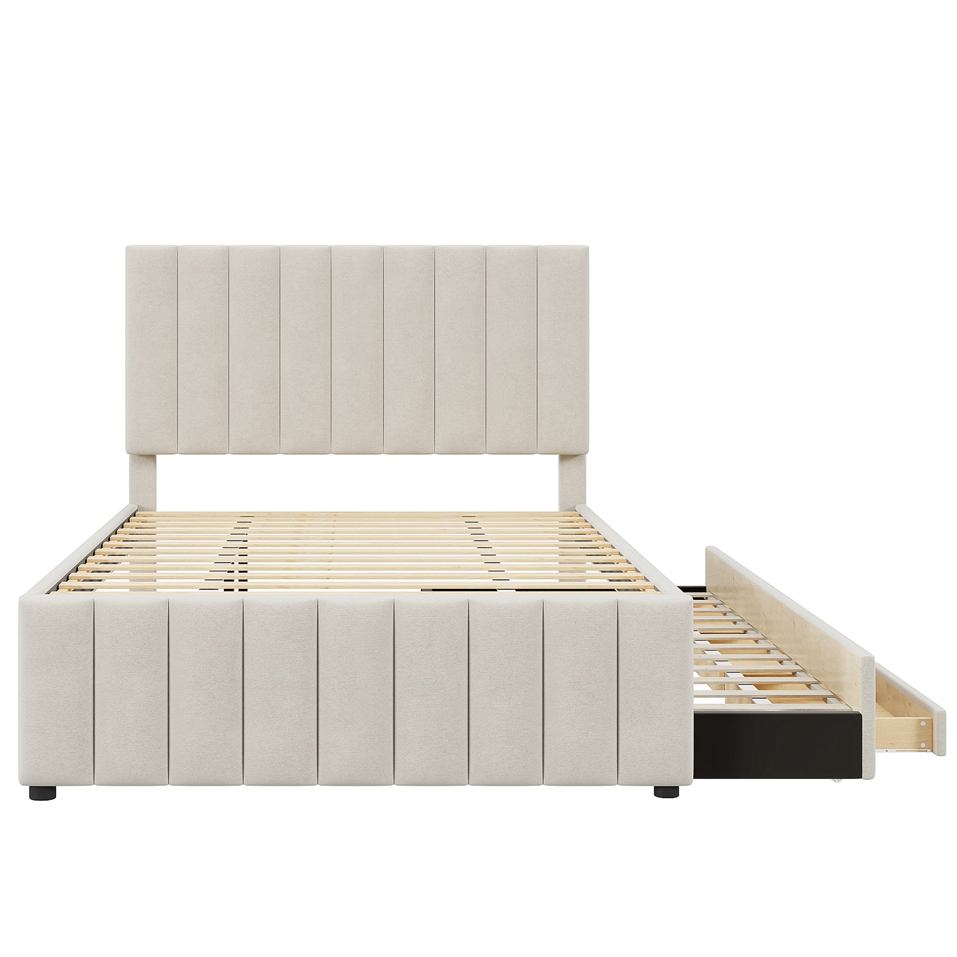 Full Size Upholstered Platform Bed with Twin Size Trundle and 3 Drawers, Linen Fabric, Beige image 8