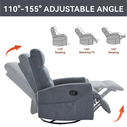 Manual Recliner Chair with Rocker and Swivel in Fabric for Living Room, Grey image 7