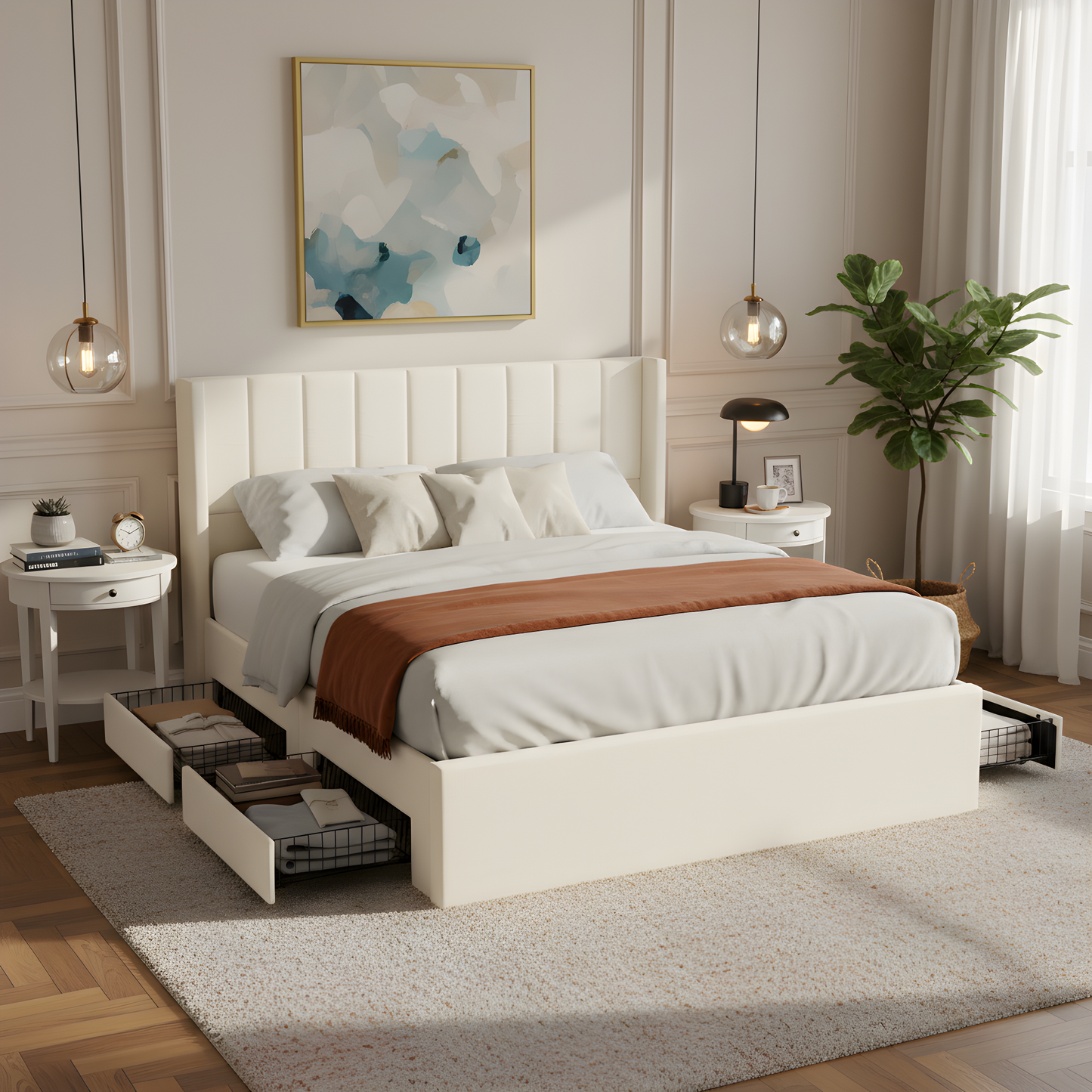 Large-capacity upholstered storage bed with drawers,Beige,Queen image 6