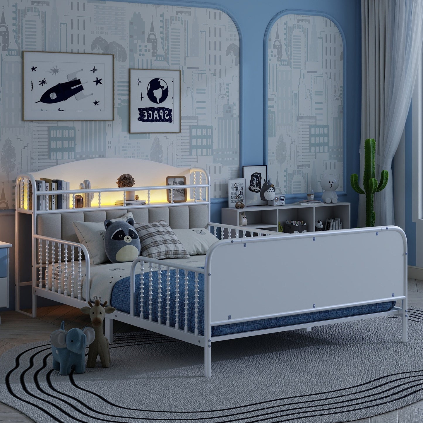 Full Size Metal Platform Bed Frame with Light, Kids Full Metal Bed with Upholstered and Storage Headboard, White (Expect Arrival Date 2025/10/5) image 2