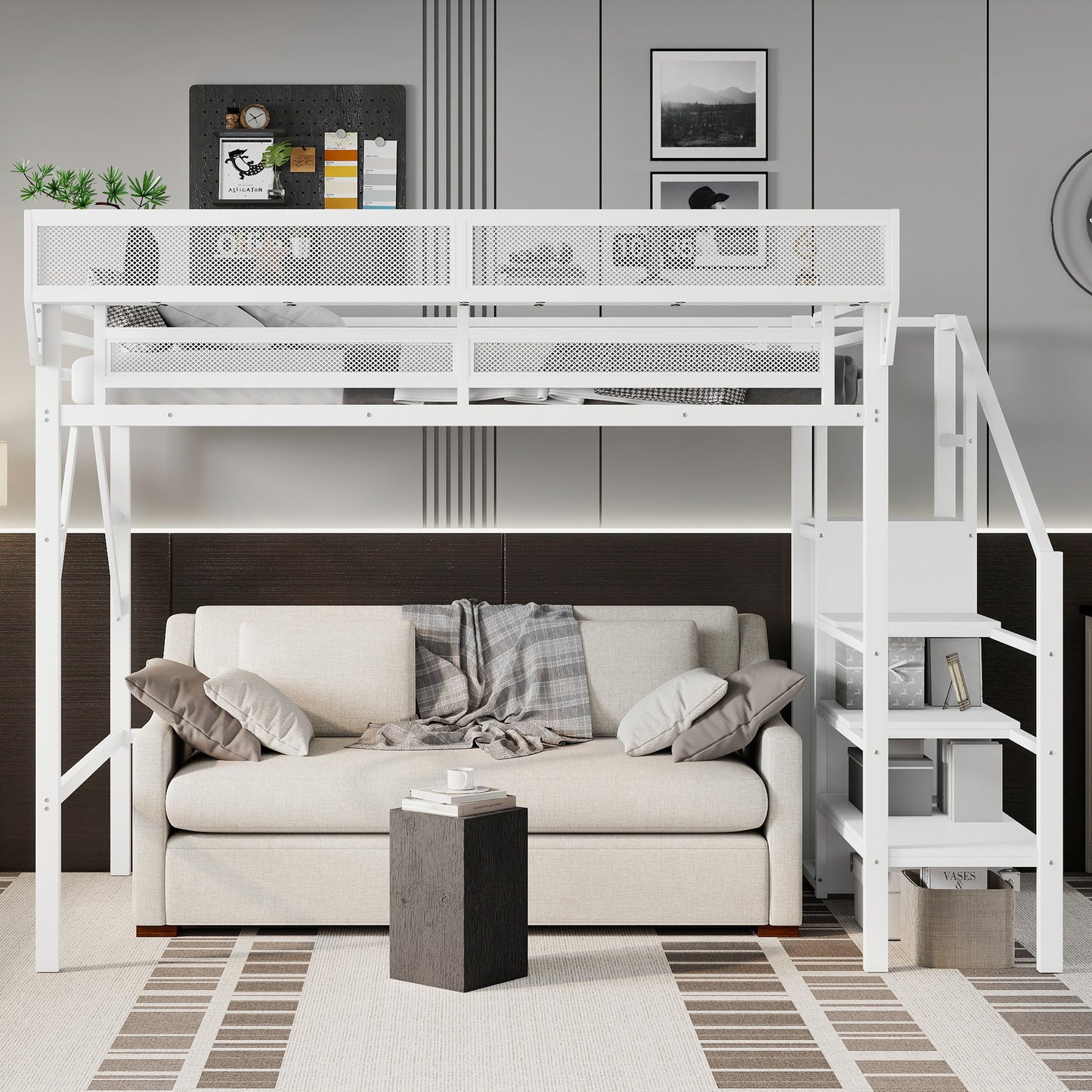 Twin XL Size Loft Bed with Stairs, Metal Full Loft Bed with Storage Shelves, High Loft Bed with Wardrobe for Kids Teens,White(Expect Arrival Date 2025/10/14) image 2