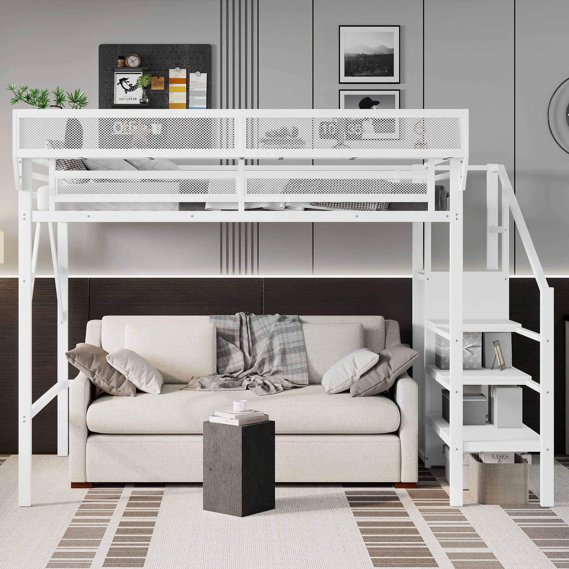 Twin XL Size Loft Bed with Stairs, Metal Full Loft Bed with Storage Shelves, High Loft Bed with Wardrobe for Kids Teens,White(Expect Arrival Date 2025/10/14) image 2