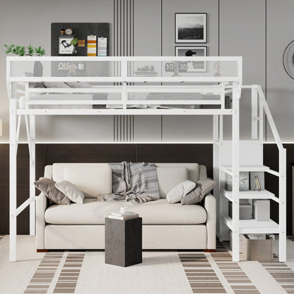 Twin XL Size Loft Bed with Stairs, Metal Full Loft Bed with Storage Shelves, High Loft Bed with Wardrobe for Kids Teens,White(Expect Arrival Date 2025/10/14) image 2