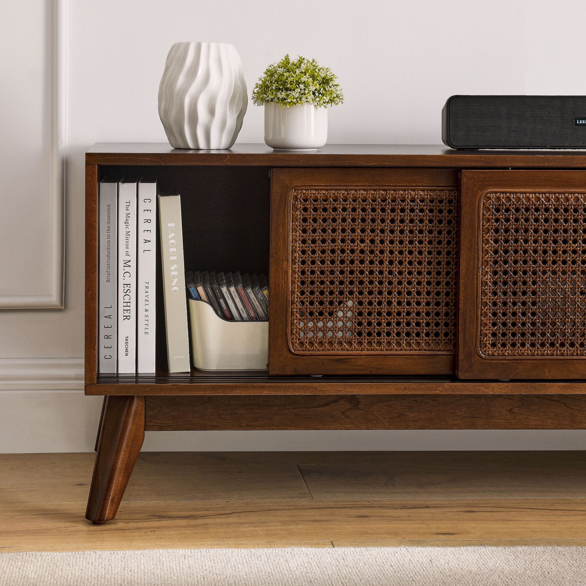 59 Inch Mid Century Modern Rattan TV Stand for 65 Inch TV, Entertainment Cabinet, Media Console for Living Room Media Ro image 4