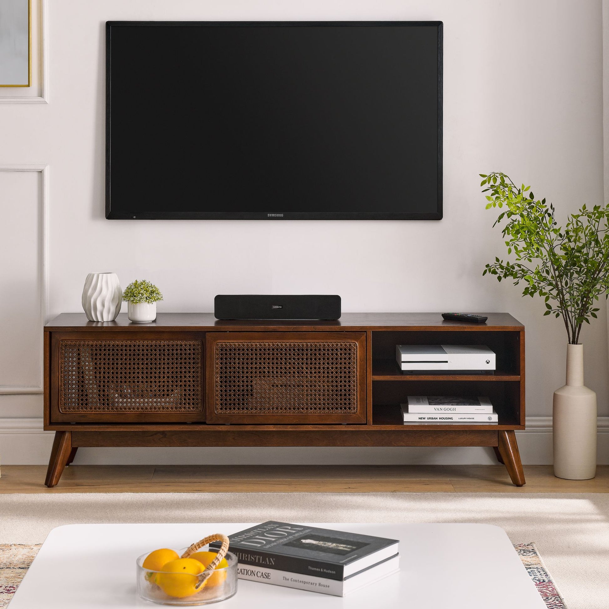 59 Inch Mid Century Modern Rattan TV Stand for 65 Inch TV, Entertainment Cabinet, Media Console for Living Room Media Ro image 1