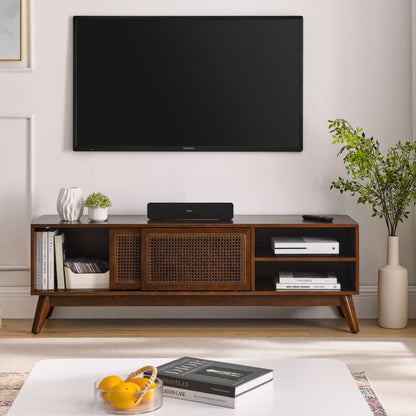 59 Inch Mid Century Modern Rattan TV Stand for 65 Inch TV, Entertainment Cabinet, Media Console for Living Room Media Ro image 2
