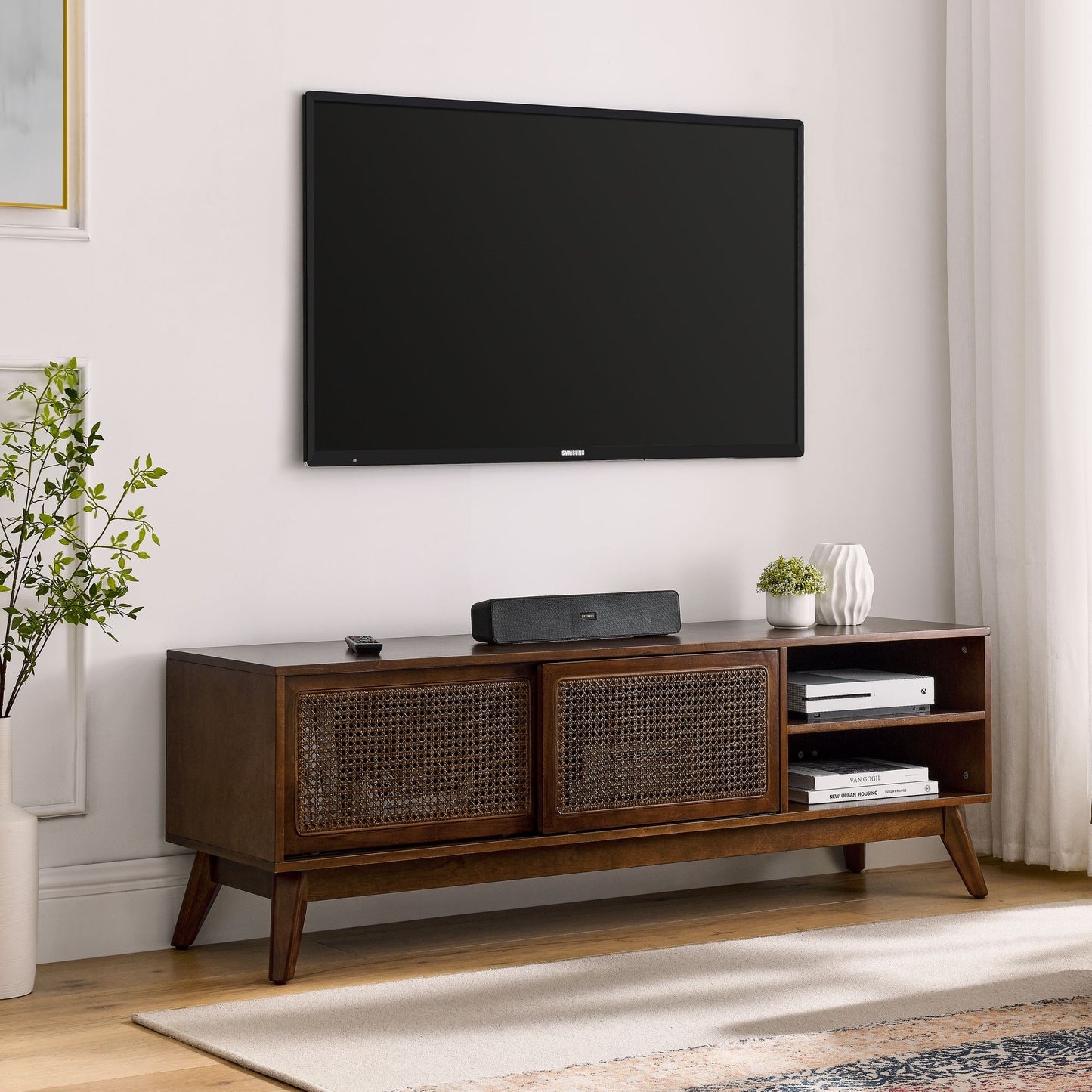 59 Inch Mid Century Modern Rattan TV Stand for 65 Inch TV, Entertainment Cabinet, Media Console for Living Room Media Ro image 3