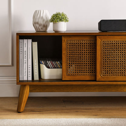 59 Inch Mid Century Modern Rattan TV Stand for 65 Inch TV, Entertainment Cabinet, Media Console for Living Room Media Ro image 4