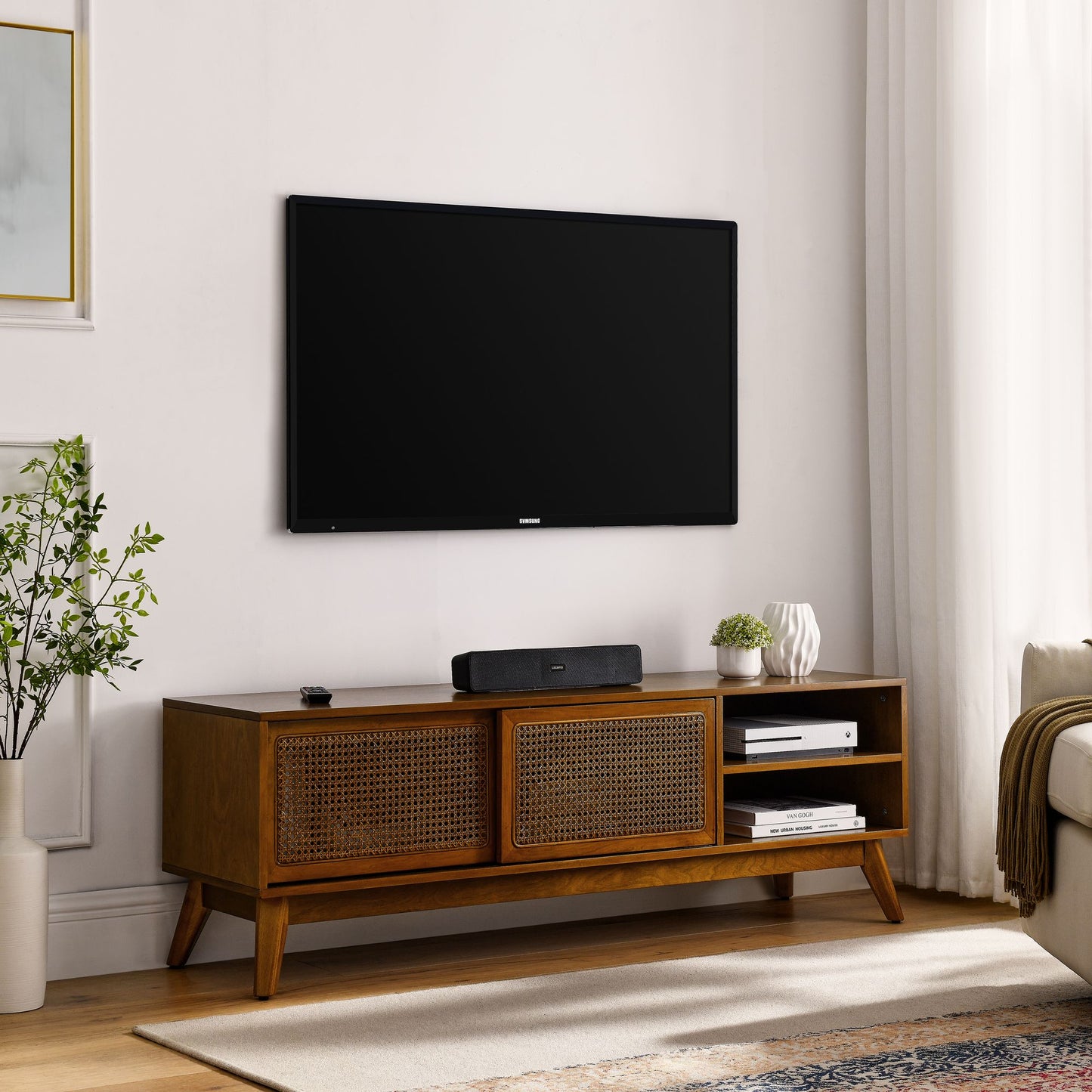 59 Inch Mid Century Modern Rattan TV Stand for 65 Inch TV, Entertainment Cabinet, Media Console for Living Room Media Ro image 3