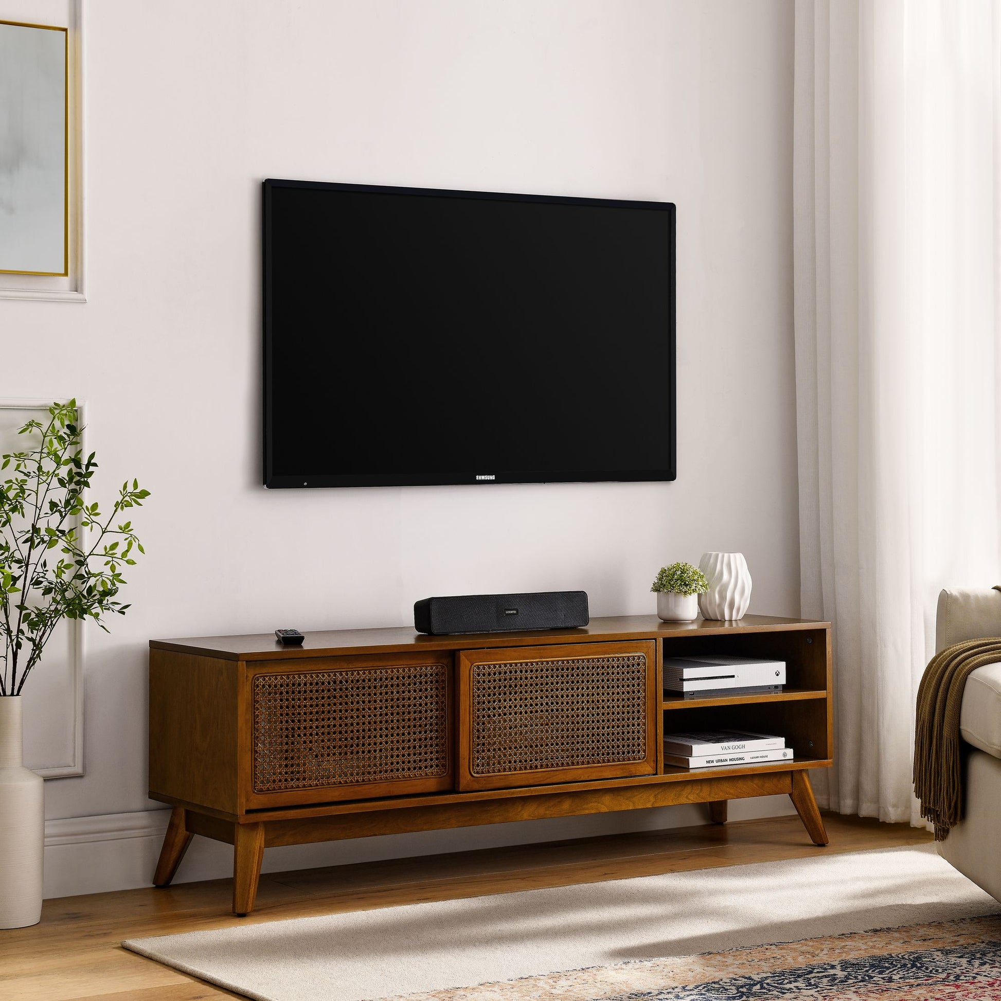 59 Inch Mid Century Modern Rattan TV Stand for 65 Inch TV, Entertainment Cabinet, Media Console for Living Room Media Ro image 3