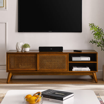 59 Inch Mid Century Modern Rattan TV Stand for 65 Inch TV, Entertainment Cabinet, Media Console for Living Room Media Ro image 1