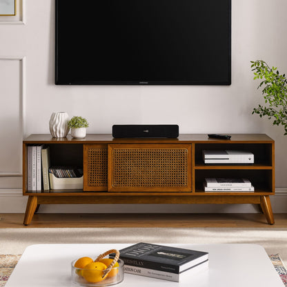 59 Inch Mid Century Modern Rattan TV Stand for 65 Inch TV, Entertainment Cabinet, Media Console for Living Room Media Ro image 2