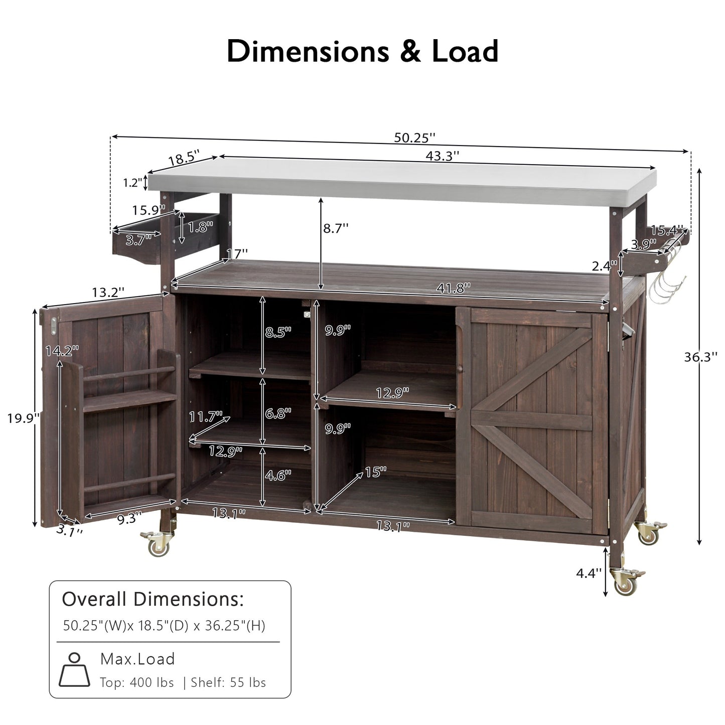 K&K Outdoor Kitchen Island, Rolling Bar Cart & Storage Cabinet, Farmhouse Solid Wood Outdoor Grill Table with Stainless Steel Top, Spice Rack, Towel Rack for Kitchen & Barbecue, Dark Brown image 8