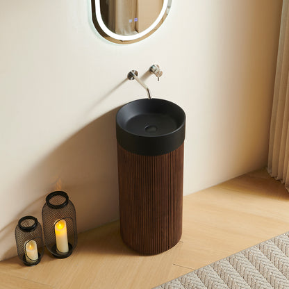 JINBO 16" Freestanding Cylindrical Cabinet,Black Round Solid Surface Basin without Faucet Hole, NO Sink Cover, NO Faucet and Drain Set, Walnut Woodgrain Color image 1