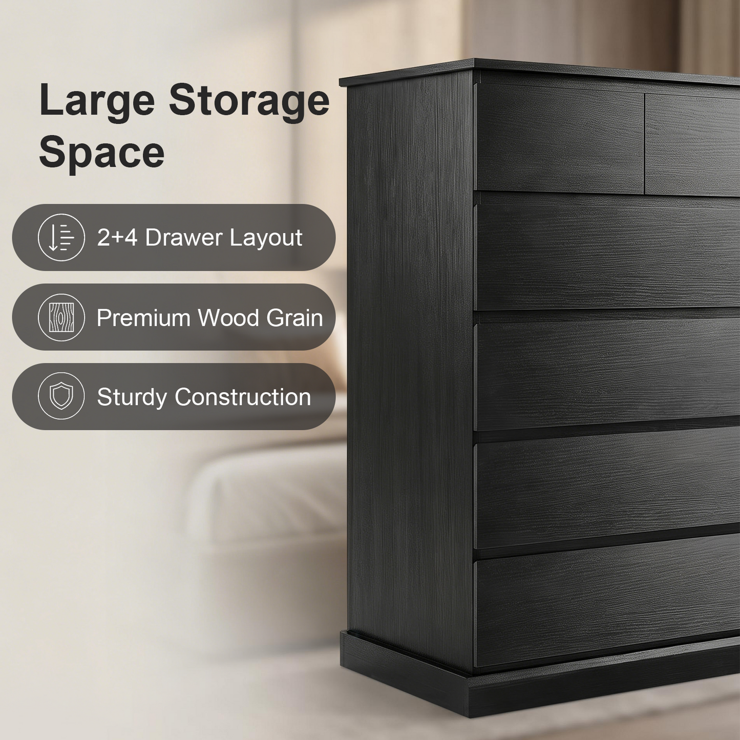 6 Drawers Dresser for Bedroom, Tall Dresser for Bedroom, Modern Chest of Drawers with Concealed Handles, Vertical Wood Storage Cabinet for Bedroom, Living Room, Entryway, Black image 9