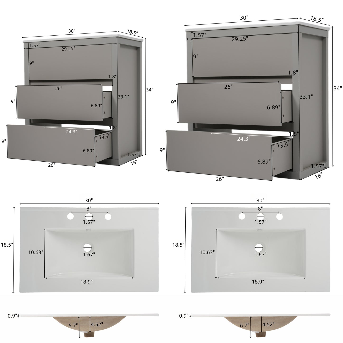 60" Double Sinks Bathroom Vanity Set, Bathroom Cabinet with Two Separate Ceramic Sinks, Full-Extension Drawers & Soft Close Undermount Drawer Slides, Gray image 4