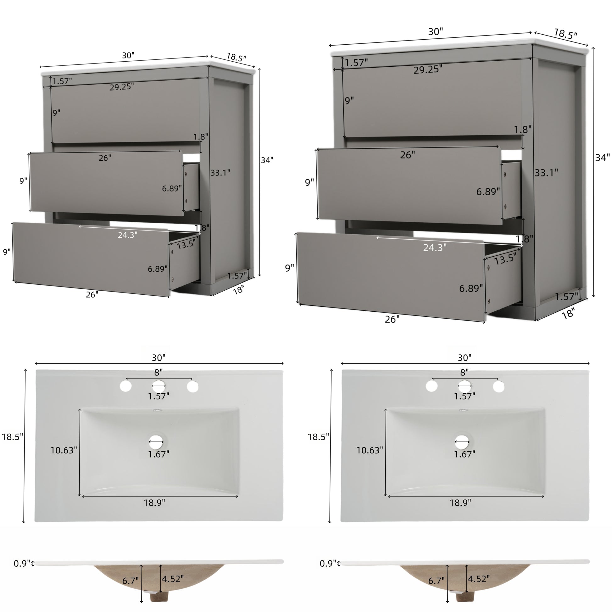 60" Double Sinks Bathroom Vanity Set, Bathroom Cabinet with Two Separate Ceramic Sinks, Full-Extension Drawers & Soft Close Undermount Drawer Slides, Gray image 4