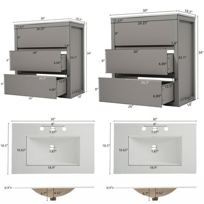 60" Double Sinks Bathroom Vanity Set, Bathroom Cabinet with Two Separate Ceramic Sinks, Full-Extension Drawers & Soft Close Undermount Drawer Slides, Gray image 4