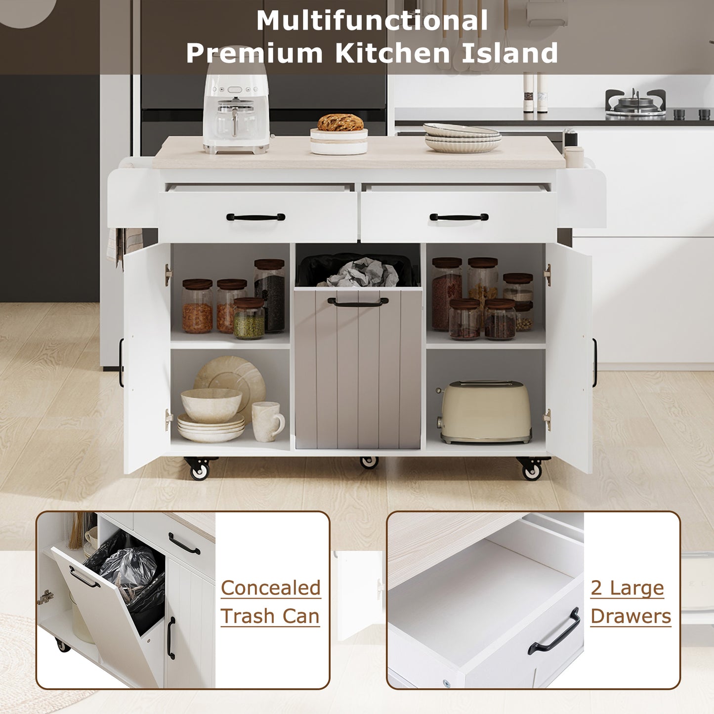 K&K Kitchen Island with Trash Can Storage Cabinet, Kitchen Cart with Drop Leaf, Spice Rack, Towel Rack and Drawer, Rolling Kitchen Island on Wheels with Adjustable Shelf, White image 11