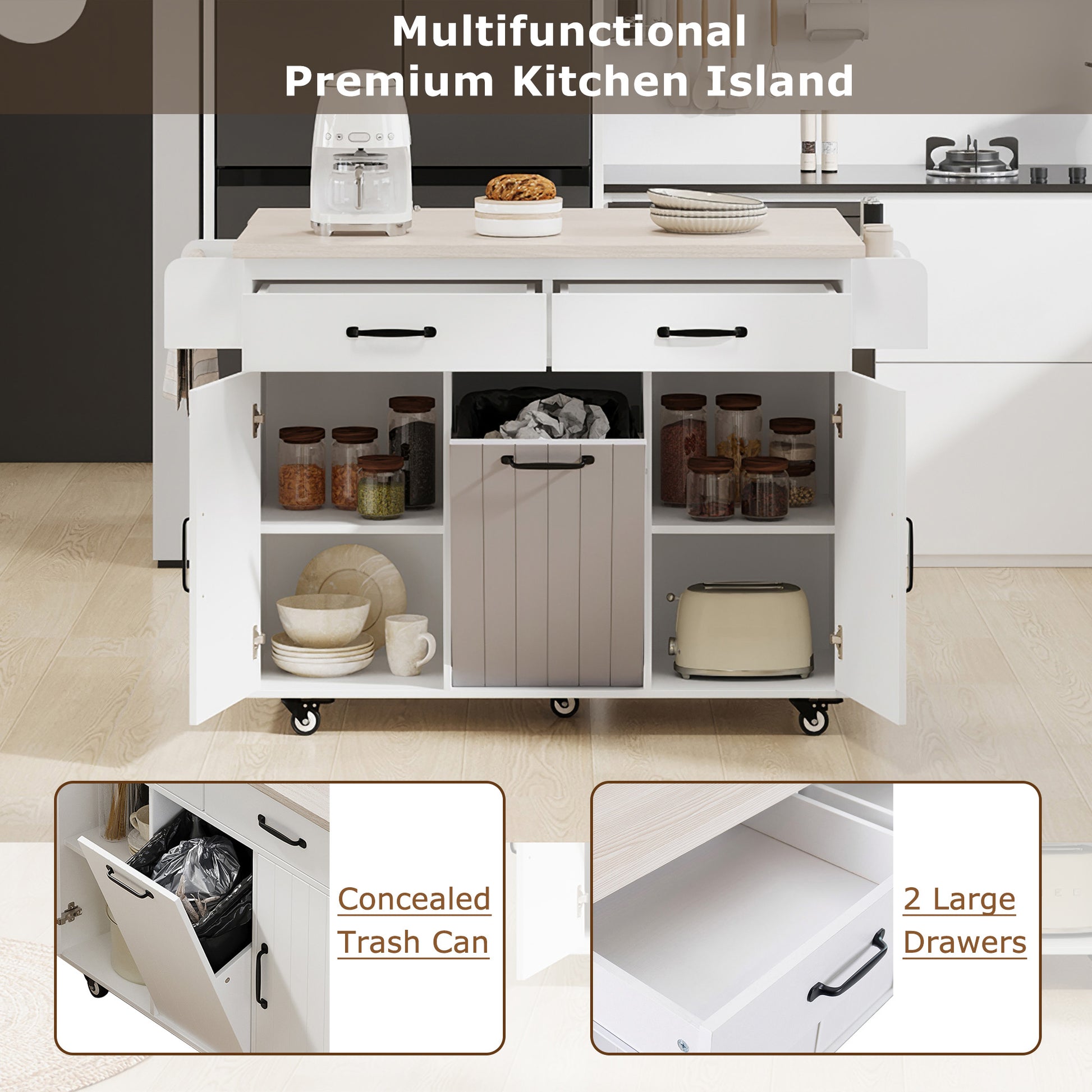 K&K Kitchen Island with Trash Can Storage Cabinet, Kitchen Cart with Drop Leaf, Spice Rack, Towel Rack and Drawer, Rolling Kitchen Island on Wheels with Adjustable Shelf, White image 11