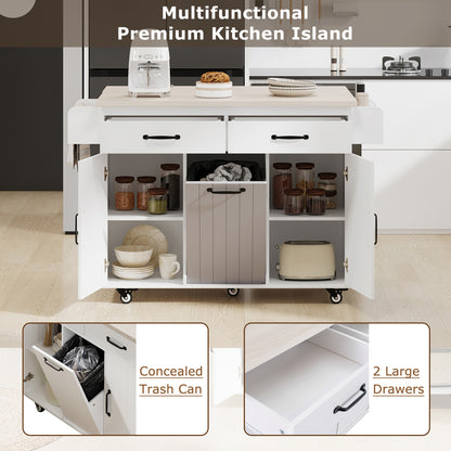 K&K Kitchen Island with Trash Can Storage Cabinet, Kitchen Cart with Drop Leaf, Spice Rack, Towel Rack and Drawer, Rolling Kitchen Island on Wheels with Adjustable Shelf, White image 11