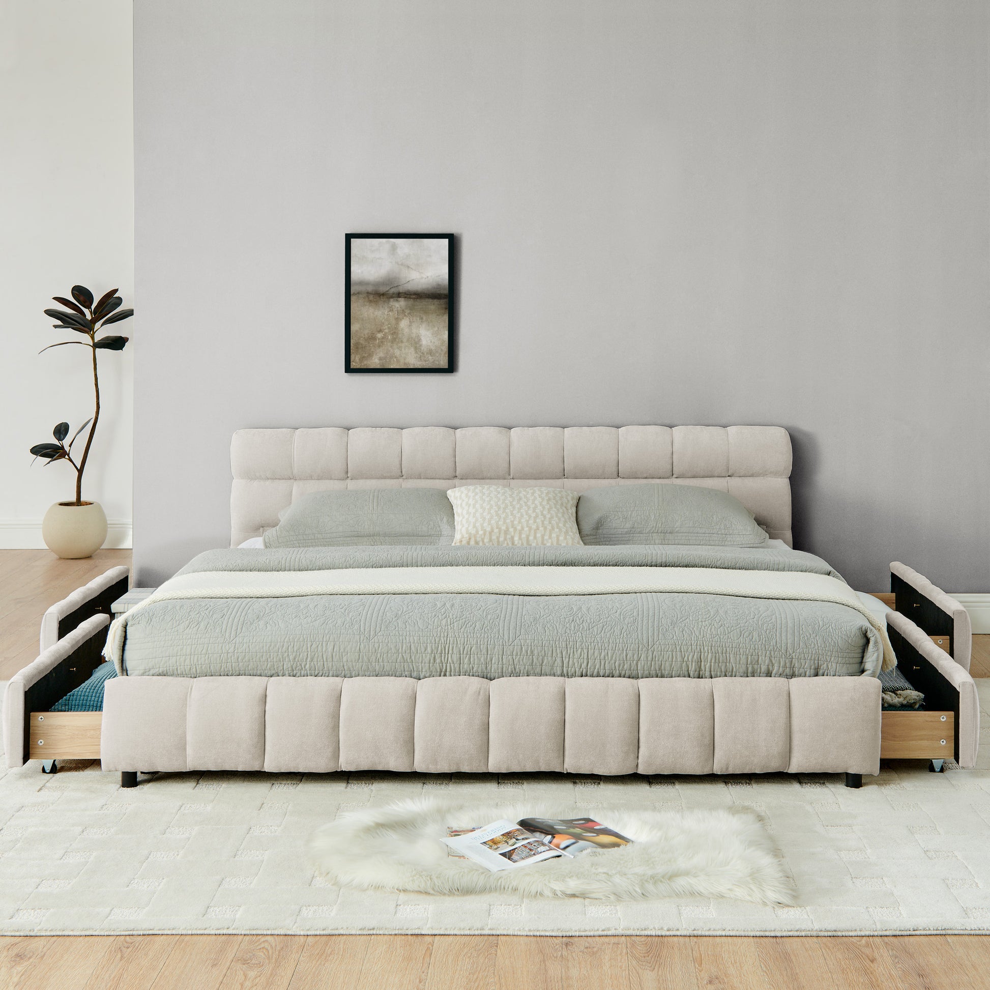 King Size Upholstered Bed,comfortable upholstered bed frame, Chenille fabric, with headboard and solid bed frame. With drawer for storage.-Beige(88.5''*85.5''*31'') image 5