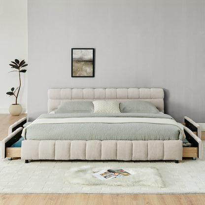 King Size Upholstered Bed,comfortable upholstered bed frame, Chenille fabric, with headboard and solid bed frame. With drawer for storage.-Beige(88.5''*85.5''*31'') image 5