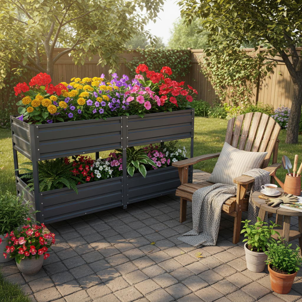 Dual Tier Elevated Metal Raised Garden Bed with Lockable Wheels, Staggered 2-Layer Raised Planter Box for Vegetables Herbs Flowers, Outdoor Patio Backyard Green Planting Bed,Grey image 7