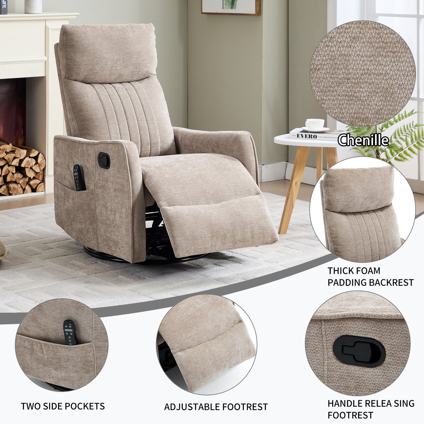 Khaki Heat Massage Manual Recliner Chair with Rocker and Swivel in Fabric for Living Room image 10
