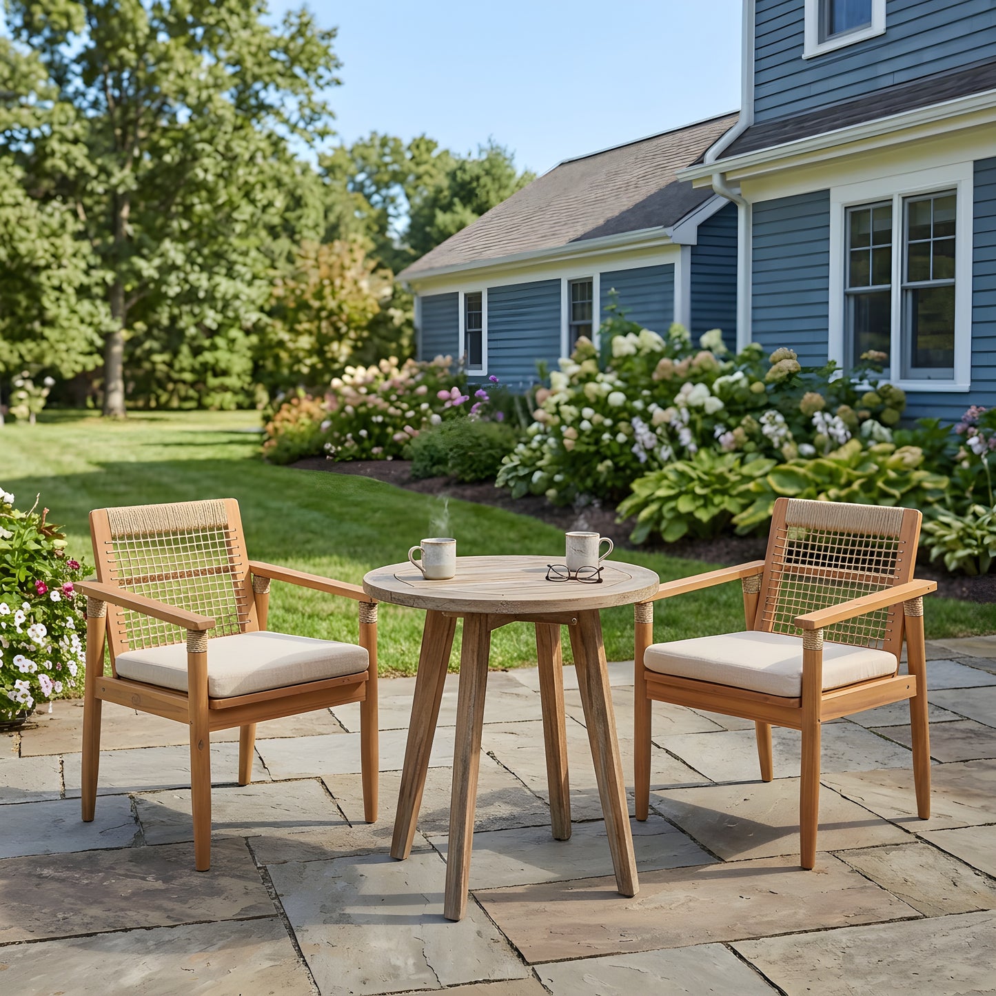 Outdoor Dining Chairs Set of 2, Acacia Wood Patio Armchair with Multi Brown Rope Design Back and Arms and Beige Washable Cushion,for Backyard, Poolside, Garden,Light teak image 2