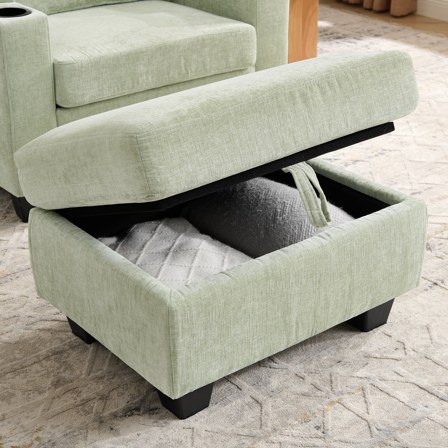 Single sofa recliner with manually adjustable backrest, USB charging port on the armrest side, phone stand included, hidden armrest storage, and a matching storage ottoman-Cyan image 12