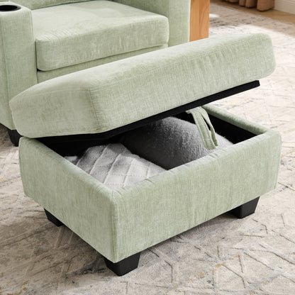 Single sofa recliner with manually adjustable backrest, USB charging port on the armrest side, phone stand included, hidden armrest storage, and a matching storage ottoman-Cyan image 12