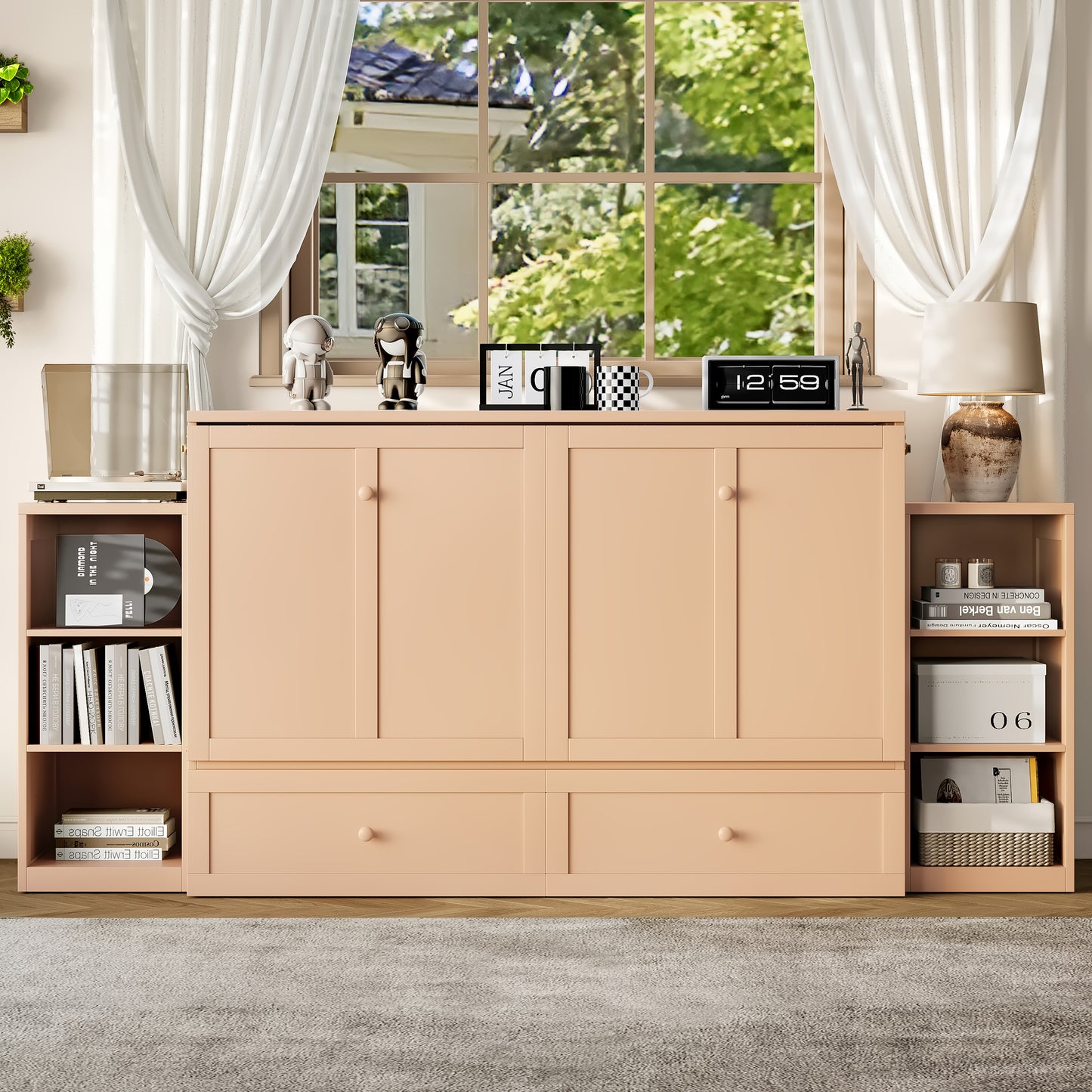 Queen size Murphy bed with spacious storage drawers and shelves, Ideal for guest rooms or compact bedrooms,Golden image 1