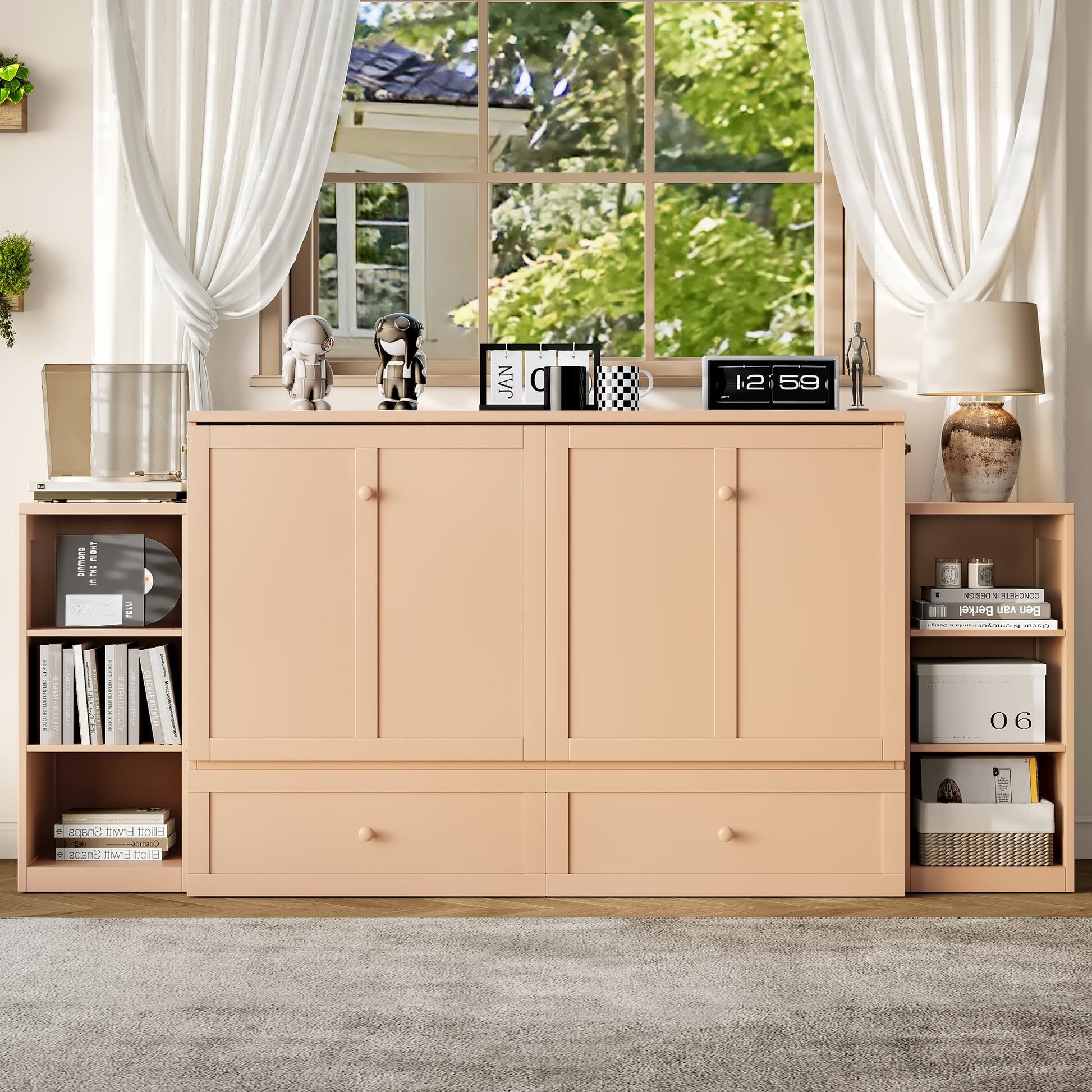Queen size Murphy bed with spacious storage drawers and shelves, Ideal for guest rooms or compact bedrooms,Golden image 1
