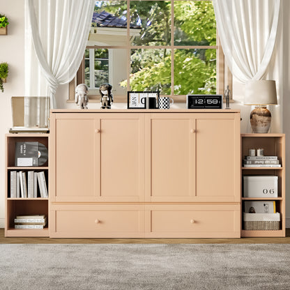 Queen size Murphy bed with spacious storage drawers and shelves, Ideal for guest rooms or compact bedrooms,Golden image 1